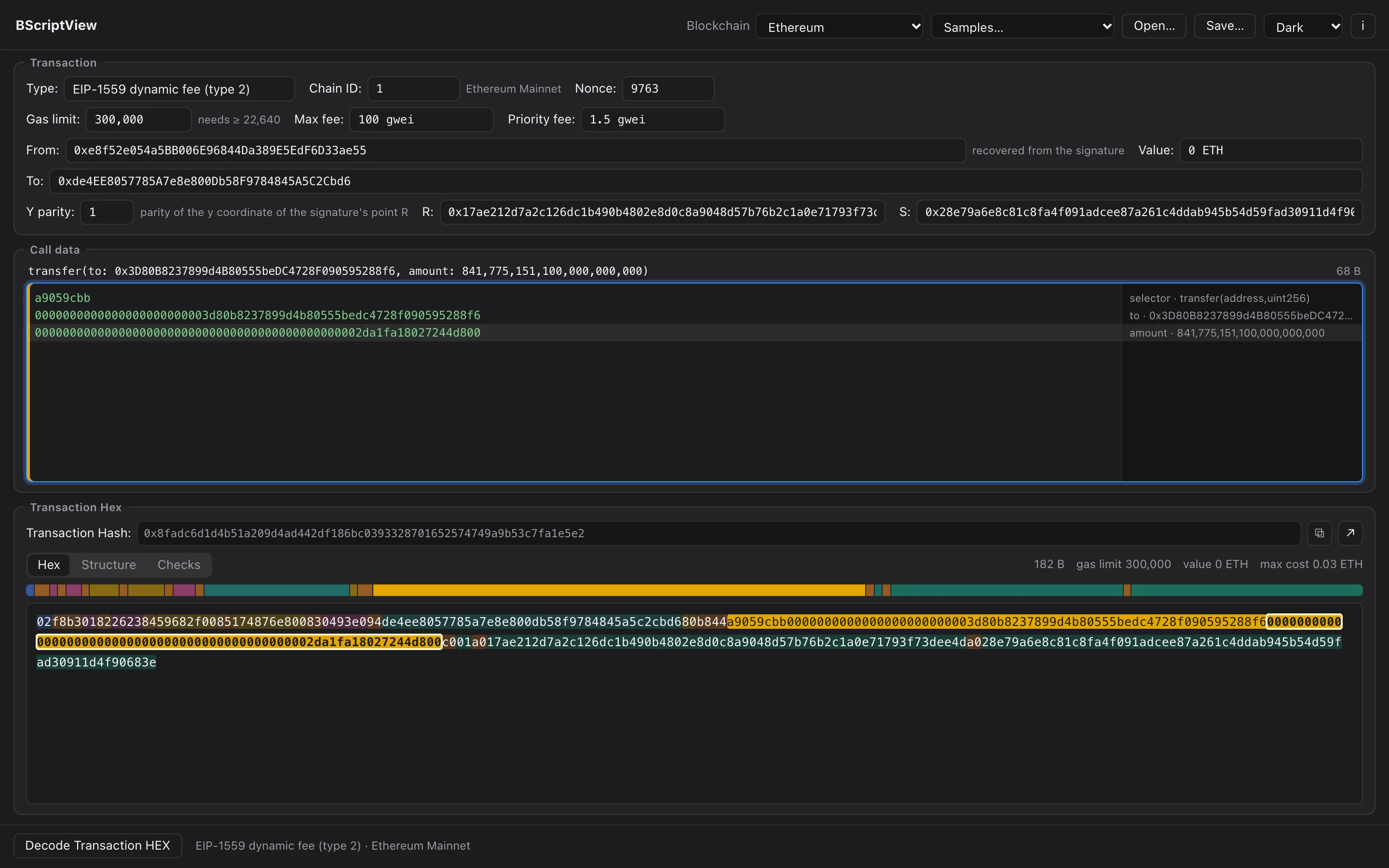 An Ethereum ERC-20 transfer: type, chain, fees, the sender recovered from the signature, and the call data decoded word by word