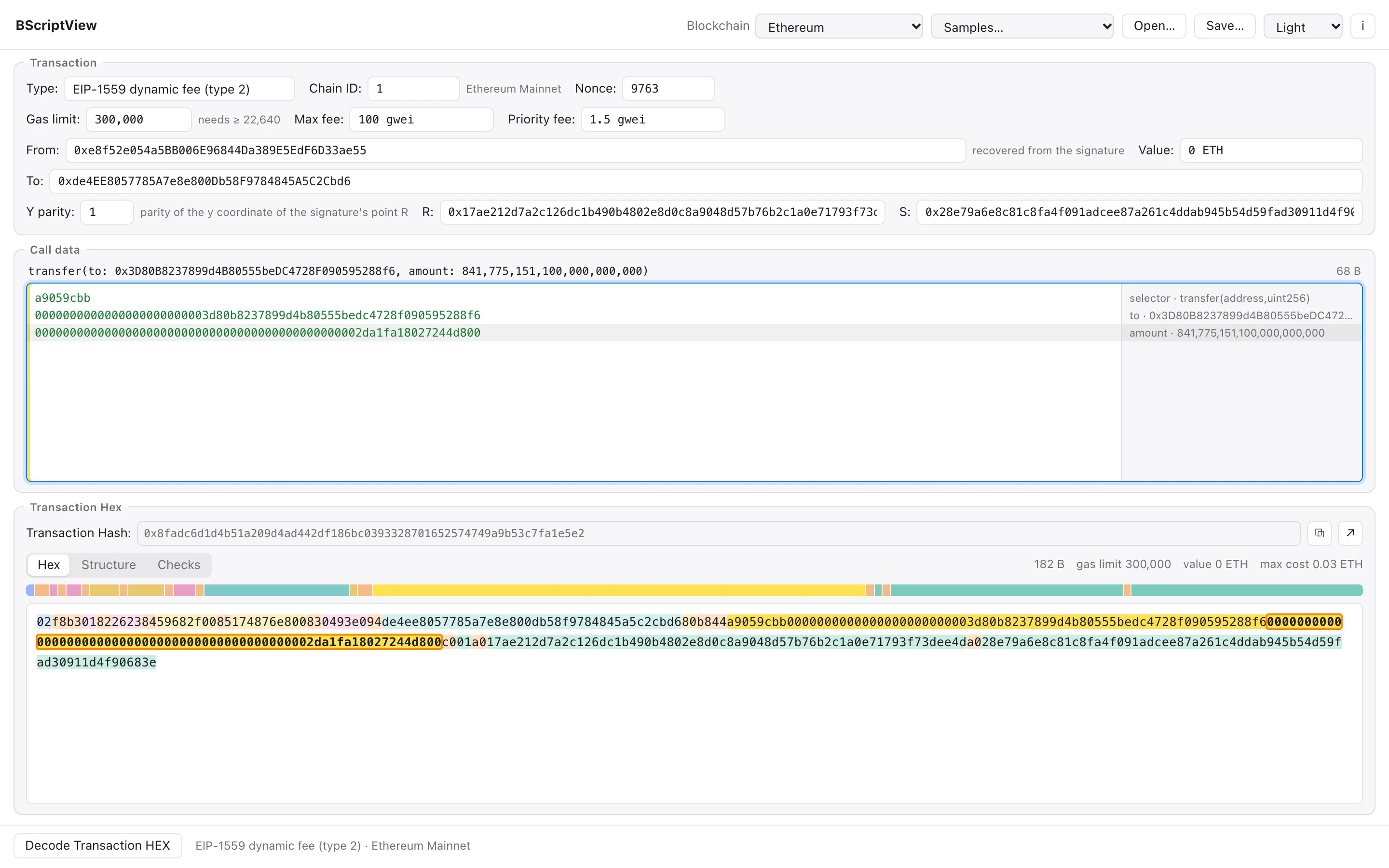 An Ethereum ERC-20 transfer: type, chain, fees, the sender recovered from the signature, and the call data decoded word by word